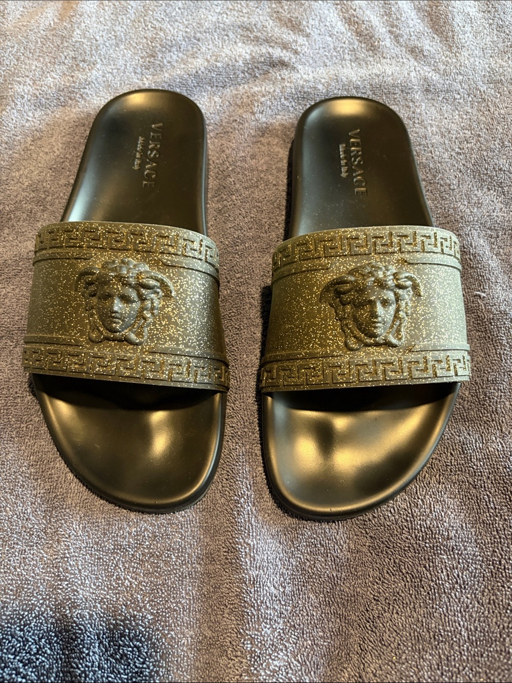 Versace Black Glitter Medusa Slide Sandals size 9